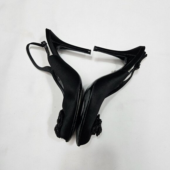 Stuart Weitzman Black Satin Beaded Rosette Peep Toe Slingback Heels Size 10 - Picture 10 of 12